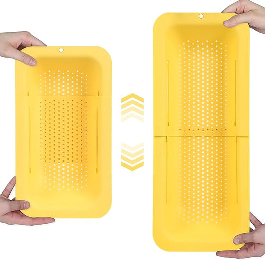 BLUE GINKGO Over the Sink Colander Strainer Basket - Wash Vegetables and Fruits, Drain Cooked Pasta and Dry Dishes - Extendable - New Home Kitchen Essentials (7.9 W x 14.5-19.5 L x 2.75 H) - Yellow-NeatNest