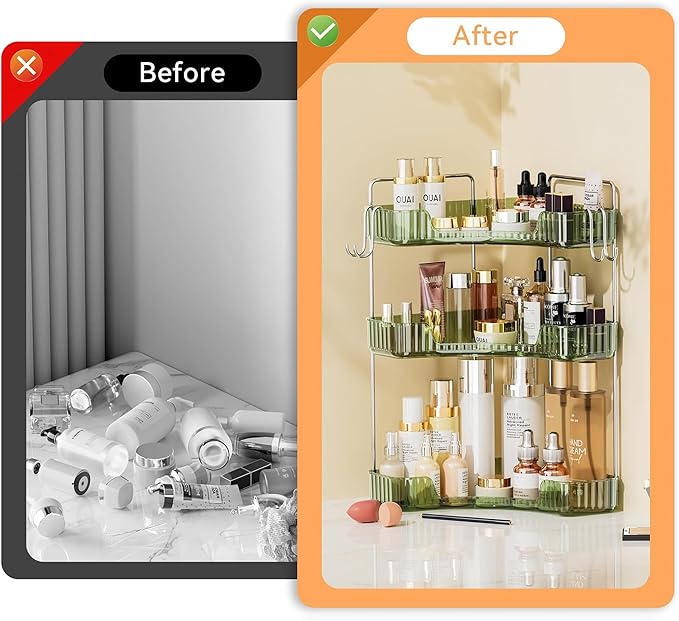 Makeup Organizer for Vanity 3-Tier Corner Bathroom Organizer Countertop with Hooks Bathroom Countertop Perfume Organizer Corner Bathroom Counter Corner Storage-Green-NeatNest