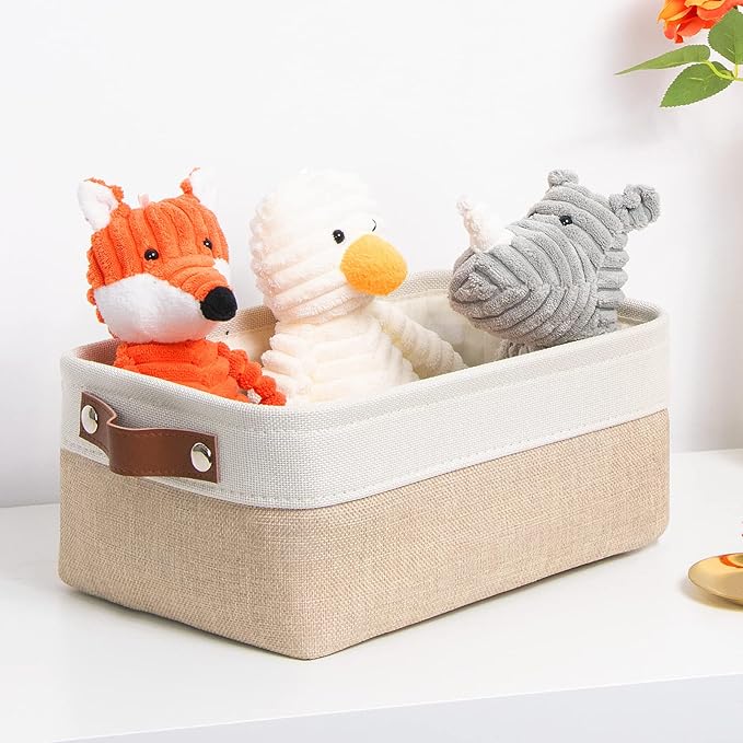 DULLEMELO Small Collapsible Fabric Basket for Organizing, Shelves, Closets, Laundry, Nursery, Decorative Gift Basket (White&Khaki)-NeatNest
