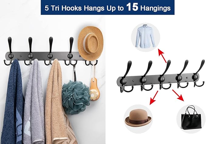 NearMoon Coat Rack Wall Mounted-2 Pack, Heavy Duty Bath Towel Hooks Stainless Steel Robe Hooks Holder, Metal Coat Hook for Towel Coat Hat Key Bathroom Bedroom Hotel Entryway (5 Hooks, Matte Black)