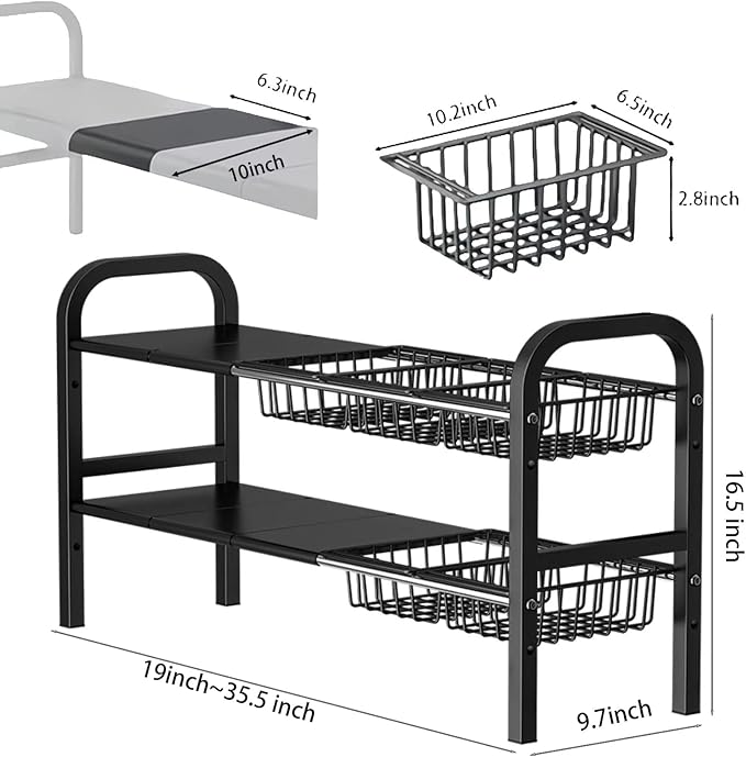 Under Sink Organizer,2 Tier Expandable Heavy Duty Metal Shelf,with 5 Removable Panels and 5 Storage Basket for Under Kitchen Bathroom Sink Organizers and Storage(Black, Large)