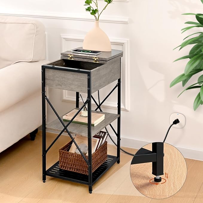 Narrow End Table with Charging Station, Grey Side Table with 3 USB Ports and 2 AC Outlets, Flip Top End Table with Storage, Bedside Table with Drawer, Side Tables Living Room, Bedroom