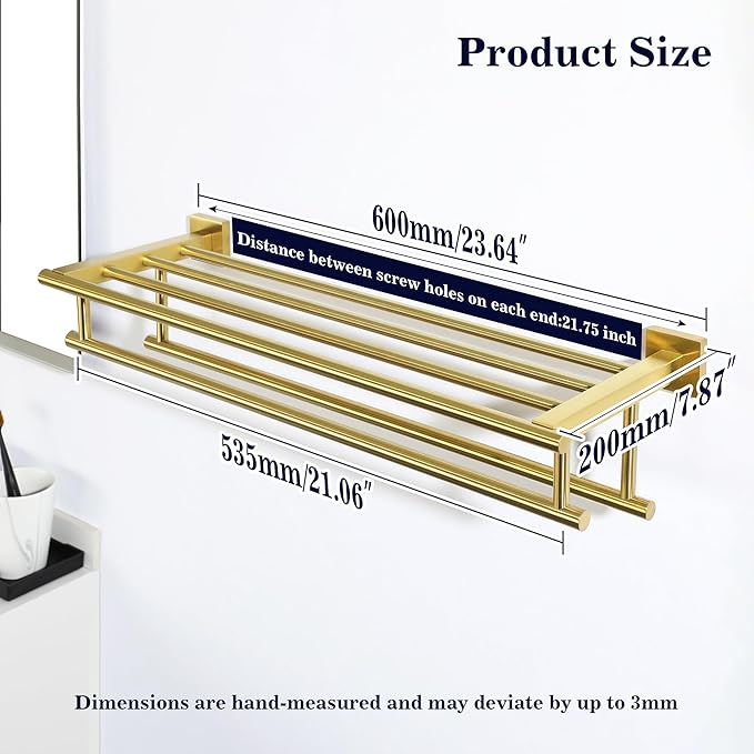 Alise Double Towel Rack for Bathroom,24 in Bathroom Tower Holder Towel Shelf with Double Towel Bars Wall Mount,SUS304 Stainless Steel Towel Hanger Double Tower Bar for Bathroom Wall,Brushed Gold