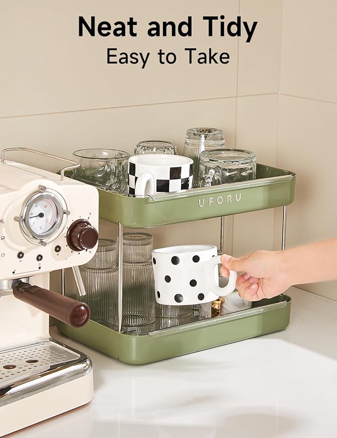 Countertop Coffee Station Organizer | 2-Tier Whisky Glass Tray, Mug Drying Shelf with Removable Drain Tray - Easy to Install, Clean - Spice Rack for Kitchen, Bathroom Counter Organzier-NeatNest