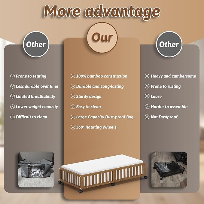 Bamboo Under Bed Storage Containers with Wheels, 2 Pack Large Under the Bed Shoe Storage Bins, Wood Rolling Underbed Drawers Organizer for Bedroom Closet Clothes Blanket Under Crib Toy Walunt-NeatNest