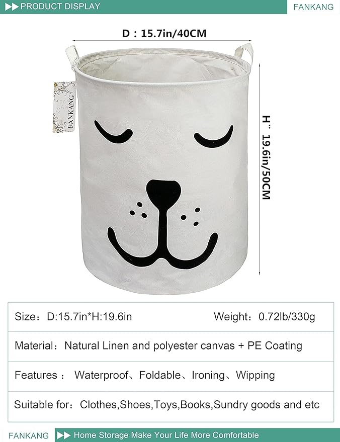 FANKANG Storage Basket, Nursery Hamper Canvas Laundry Basket Foldable with Waterproof PE Coating Large Storage Baskets for Kids Boys and Girls, Office, Bedroom, Clothes,Toys(Dog)