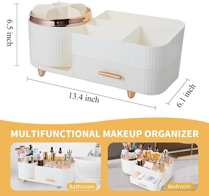 Makeup Organizer Countertop with Drawer 360 Rotating Brush Holder Storage Large Capacity Skincare Cosmetic Display Cases for Vanity Bathroom Desktop, Model 3016 White-NeatNest