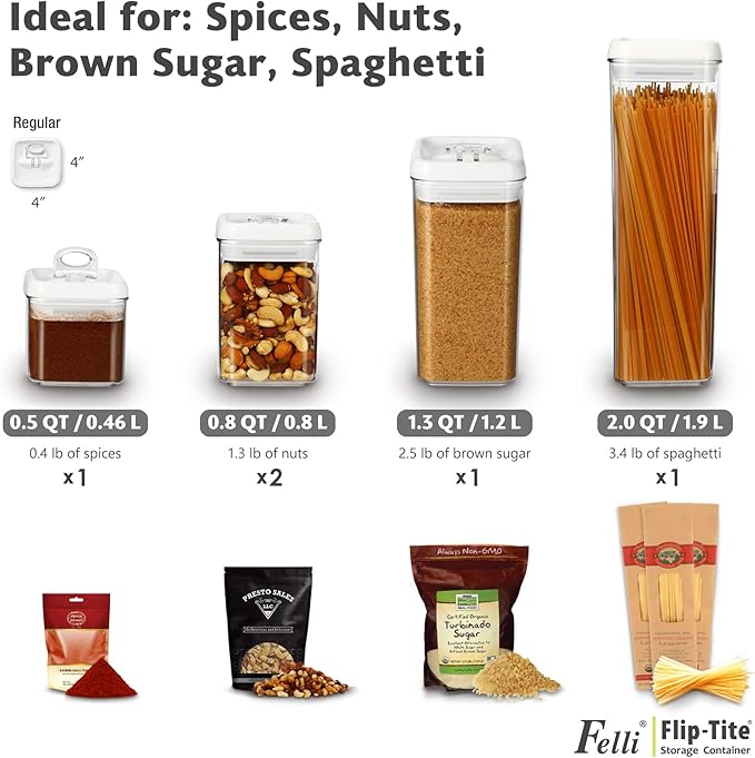 Felli Flip Tite Storage Container with Lid 4" Airtight Ring Seal Top, Stackable Acrylic Canister Jar Set for Kitchen Pantry Organizer, Food Spice Pasta Cereal Snack, Gifts for Women (5pk, Variety)-NeatNest