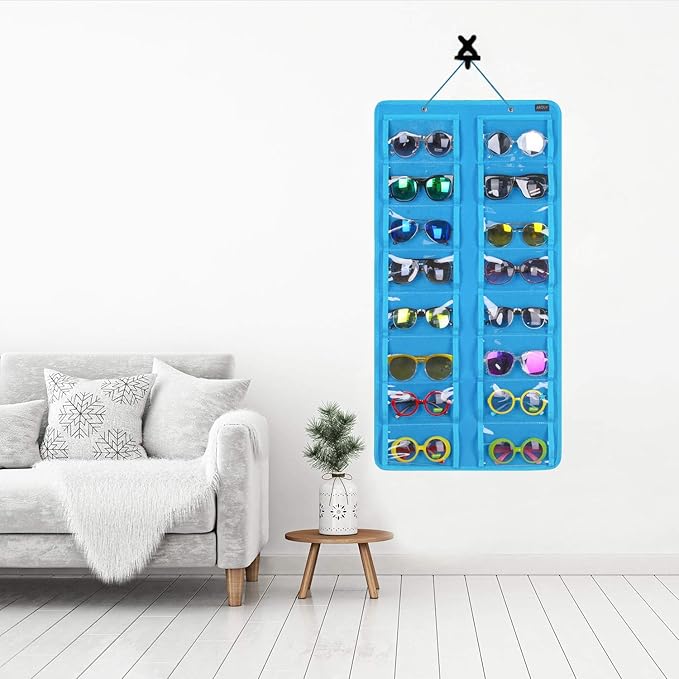 AROUY Sunglasses Organizer Storage - Hanging Dust Proof Wall Pocket With 16 Felt Slots, Metal Hook and Sturdy Rope (Light Blue)-NeatNest