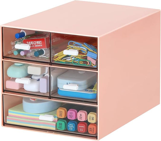 Desk Organizer with 5 Drawers, Rectangular Office Stationery Supplies Desktop Drawers, Plastic Makeup Storage, Suitable for Office, School, Home (Pink & 5 Drawers)-NeatNest