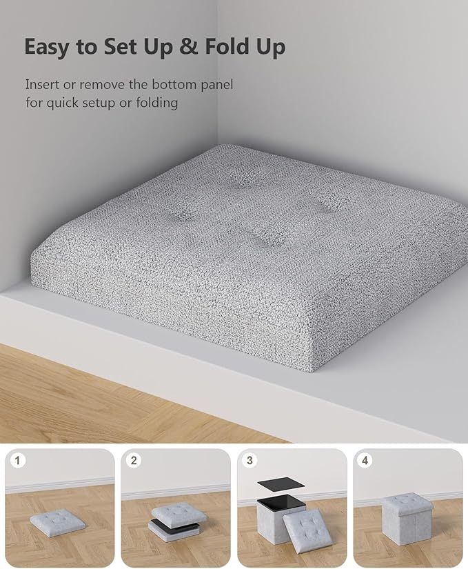 Folding Storage Ottoman Bench, Multi-Functional Ottoman Footrest, End of Bed Bench, Storage Chest for Living Room, Bedroom, Hallway, Entryway, Holds Up to 700 lbs (Light Gray, 15 Inches)