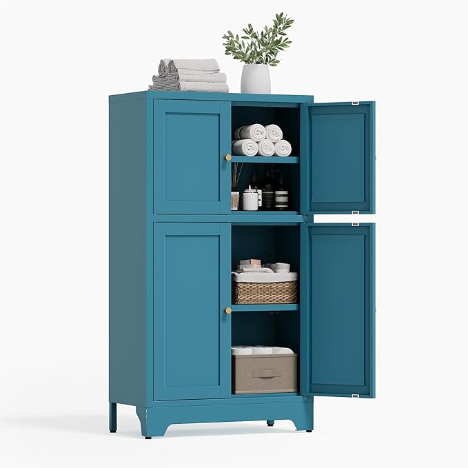 Bathroom Floor Storage Cabinet, Freestanding Accent Cabinets with 4 Doors and 2 Adjustable Shelves,Teal Blue Metal Locker Cabinets for Restroom, Kitchen,Living Room,Hallway