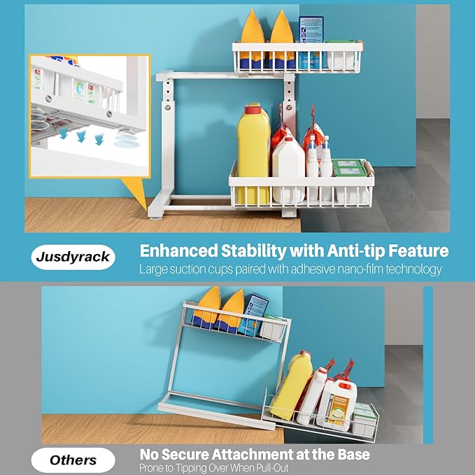1 Packs Under Sink Organizer,Small Shelf for narrow spaces,2 Tiers Pull Out Under Cabinet Organizer,Adjustable Height,Slide Out Thickened Metal Under White-NeatNest
