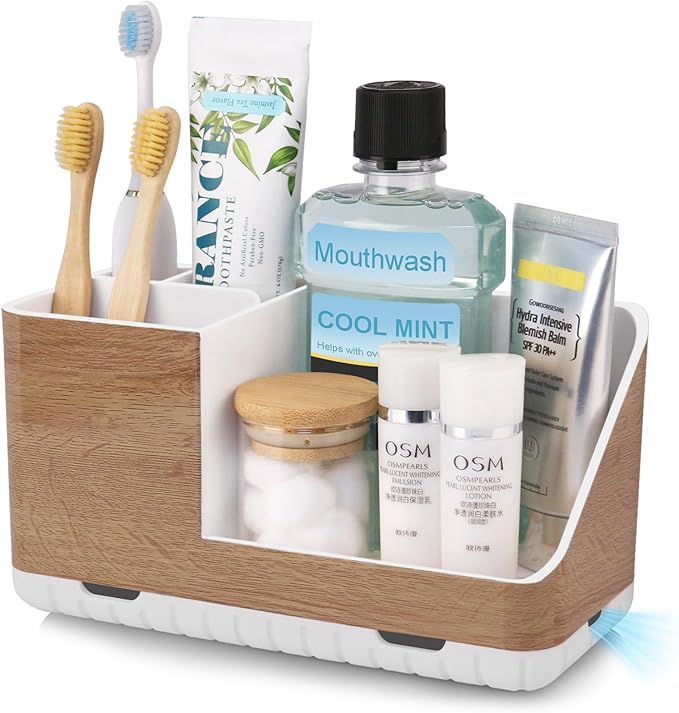 Toothbrush Holders for Bathrooms Countertop Organizer and Storage, Kids Electric Toothbrush and Toothpaste Holder, Bathroom Accessories Vanity Organizer (Wood Grain)-NeatNest