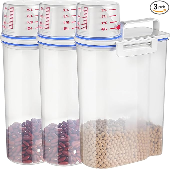 3 Pcs Rice Storage Containers (4 Lbs / 2 Kg Each) – Airtight BPA-Free ABS Plastic Dispenser with Measuring Cup & Pour Spout for Rice, Cereal, Pet Food, and More (Blue + Clear)