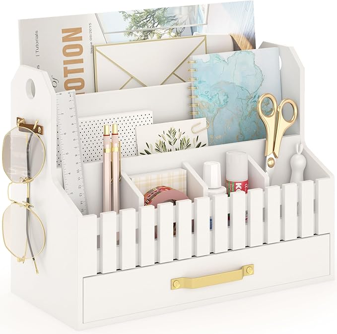 Bamboo Mail Organizer Countertop with Drawers, Wood Desk File Organizer Desktop Paper Organization Storage Bill & Letter Sorter Holder for School Home Office Supplies, No Assembly Required (White)-NeatNest