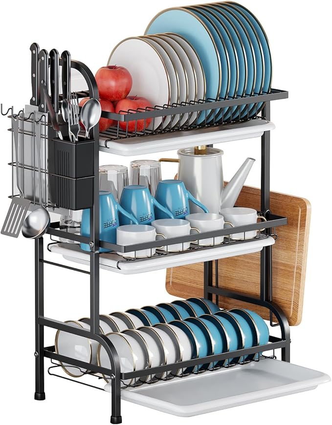 KUK Dish Drying Rack 3 Tier Iron Utensil Holder Over The Sink Dish Rack Drain Drainer Dish Organizer for Countertop Drying Rack Home Kitchen