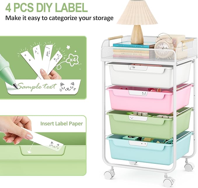 Rolling Cart with 4 Drawers,4 Tiers Rolling Utility Cart Craft Cart,Rolling Storage Drawer Cart with Mesh Top,Storage Cart with Drawers & 4 PCS DIY Lable, Classic Colorful