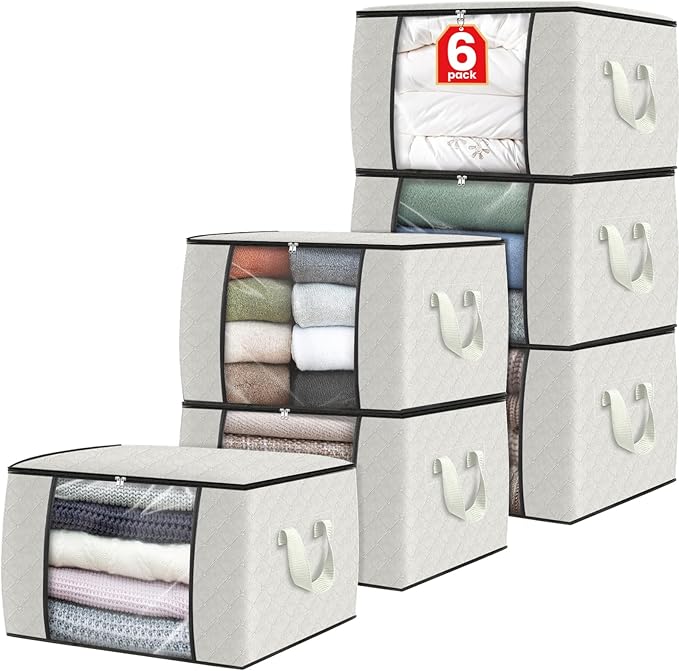 Fab totes 6 Pack Clothes Storage, Foldable Thick Fabric Blanket Storage Bags, Containers for Organizing Bedroom, Closet, Clothing, Comforter,Organization with Handle,Ivory White-NeatNest