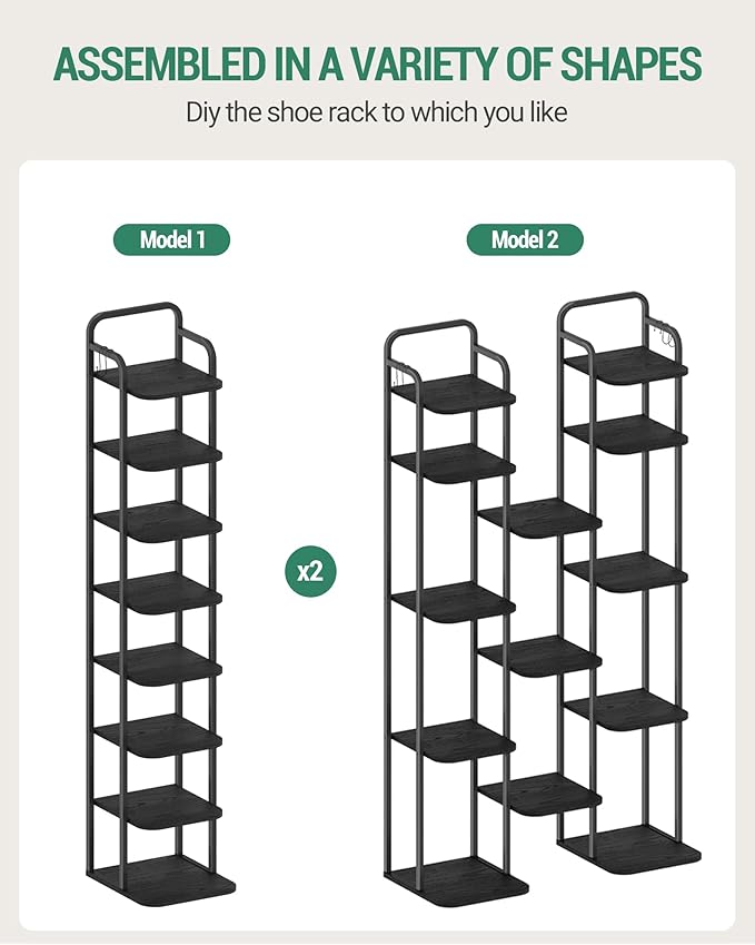 8 Tiers Vertical Shoe Rack, Narrow Shoe Tower, Tall Shoes Shelf with 2 Hooks, Adjustable Shelves, Corner Shoes Shelves for Small Spaces, Entryway, Living Room, Black SR04304B-NeatNest