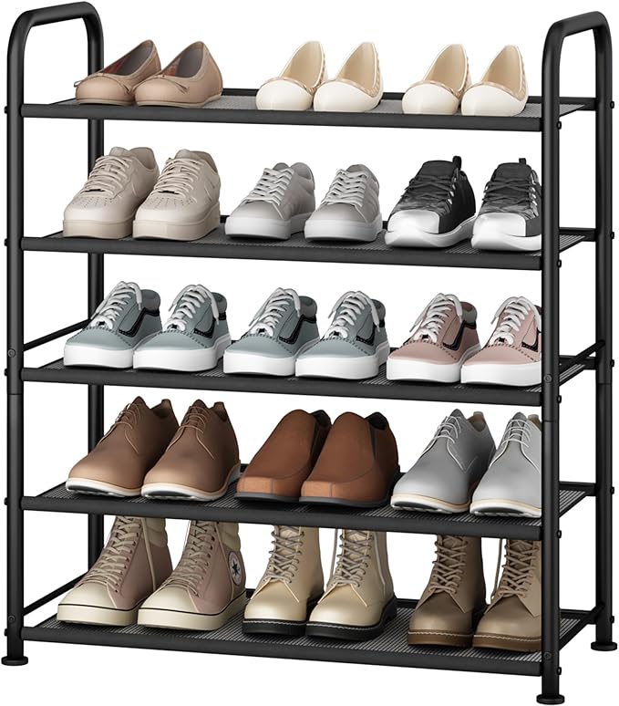 STO STO 5-Tier Shoe Rack with Sturdy Mesh Shelves, Heavy Duty Metal Shoe Organizer for Entryway, Closet, Garage, Front Door, Holds 15 Pairs, Free Standing Shoe Storage Shelf, Adjustable Feet, Black-NeatNest