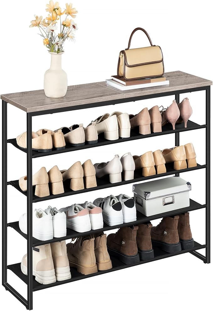 HOOBRO Shoe Rack, 5 Tier Shoe Storage Organizer with 4 Oxford Fabric Shelves and Top Panel, Holds 16-20 Pairs of Shoes, for Entryway and Closet, Industrial, Greige and Black BG50XJ01-NeatNest
