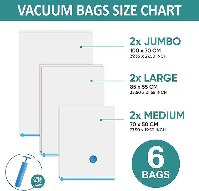 6 Pack Vacuum Storage Bags with Hand Pump, 80% Space Saver Vacuum Seal Storage Bags for Clothing, Travel Lugggage, Blankets, Comforters