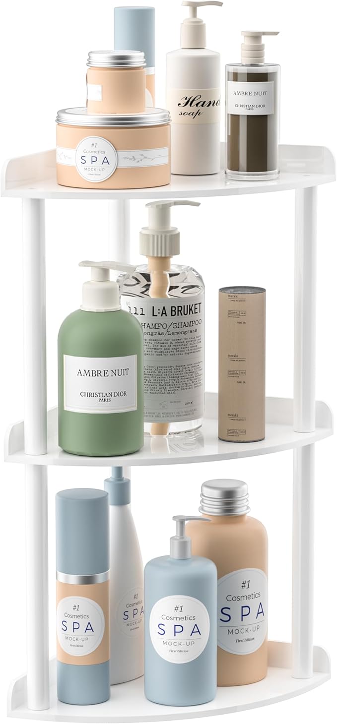 3 Tier Countertop Corner Organizer Shelf 7x7x15.7 Inch, White Countertop Acrylic Bathroom Corner Shelf, Vanity Storage Organizer for Cosmetics, Toiletries-NeatNest