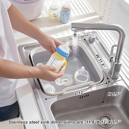 Collapsible Dish Basin & Sink Tub with Drain Plug – 2.4 Gal Baby Bottle Wash Basin, Bottle Washing Bin for RV, Camping, Kitchen | Collapsible Water & Bottle Basin (Grey)-NeatNest