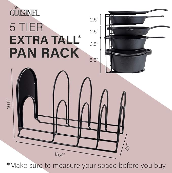 Cuisinel Heavy Duty Pots and Pans Organizer - Extra Large 5-Tier Rack - Holds Cast Iron Skillets, Dutch Oven - Durable Construction - Space Saving Kitchen Storage - No Assembly Required - Black 15.4"-NeatNest