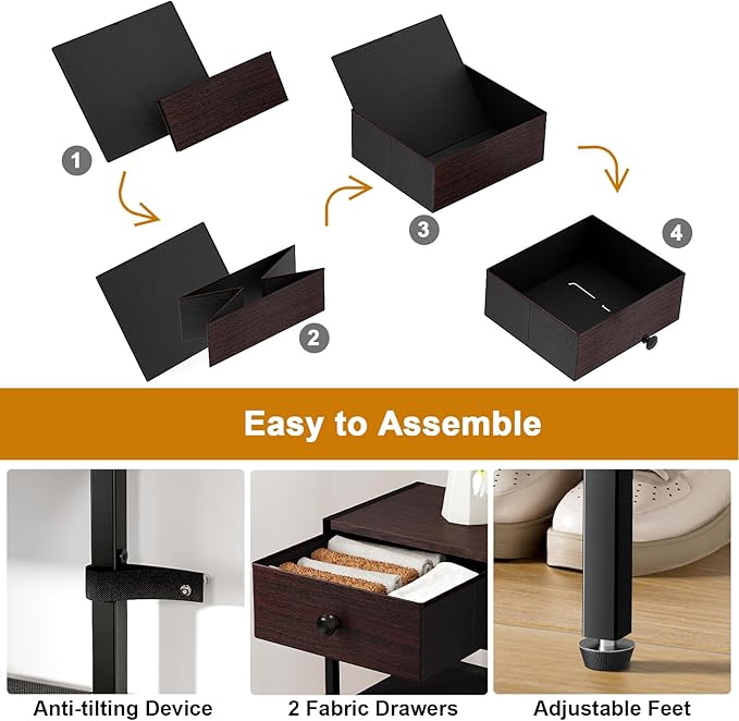 Shoe Rack, 5 Tier Shoe Organizer with 2 Drawers, Metal Shoe Storage for 16-20 Pairs of Shoes with Fabric Shelves and Wooden Top, Narrow Shoe Shelf for Closet Entryway Dark Brown-NeatNest