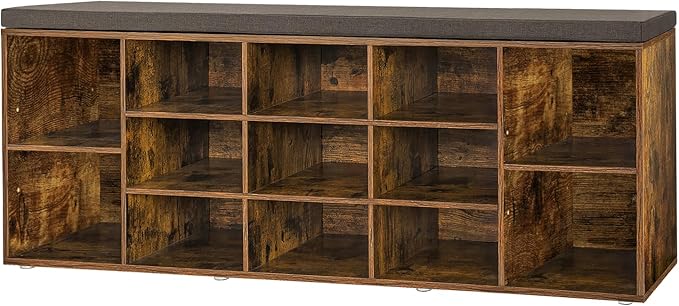 DINZI LVJ Shoe Storage Bench with Cushion, 13-Cubby Shoe Rack, Adjustable Shelves, Multifunctional Shoe Organizer Bench for Entryway, Mudroom, Hallway, Living Room, Bedroom and Garage, Rustic Brown-NeatNest
