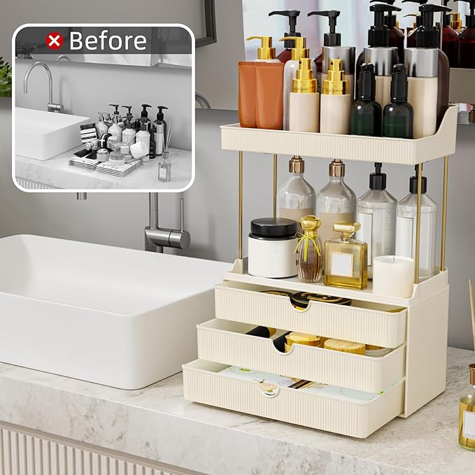 3 Drawers Bathroom Counter Organizer - 5 Tier Makeup Organizer, Versatile Perfume Organizer, Ideal for Bathroom Storage, Vanity, Large Skincare, Perfume, Present, Cream White-NeatNest