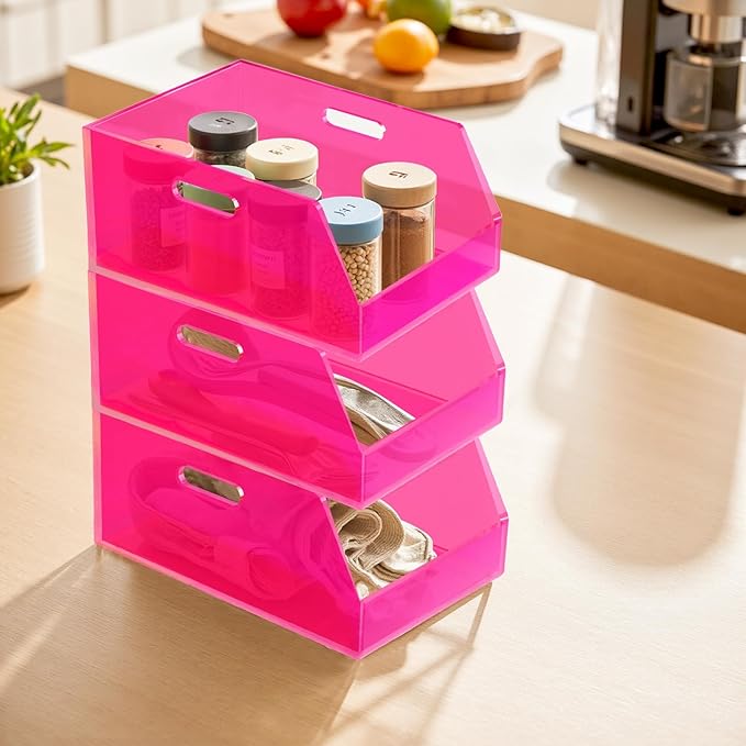 Gelite Stackable Storage Bin Organizer with Handles Acrylic Storage Container for Toy Pantry Kitchen Cabinet Bathroom Closet Office Organization, 11.4x7.5x5.1'', Neon Pink