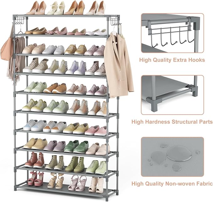 10 Tiers Shoe Rack 50 Pairs Large Capacity Tall Shoe Organizer Sturdy Shoe Storage with Two Hooks Space Saving Metal Wide Shoe Rack for Closet, Entryway, Bedroom, Grey-NeatNest