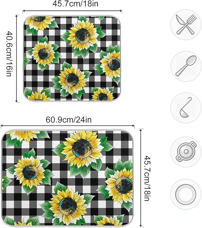 Absorbent Dish Drying Mat for Kitchen Counter - Sunflower Lattices Vintage Microfiber Drying Pad, Reversible Drainer Mats for Countertop, Large 18" x 24"
