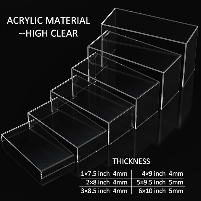 Acrylic Display Risers 6pcs, Clear Rectangular Display Organizer Stands, Acrylic Display for Funko Pop Figure, Desserts, Cupcake, Toys, Collectibles, Merchandises - 7.5''x8''x8.5''x9''x9.5''x10''-NeatNest