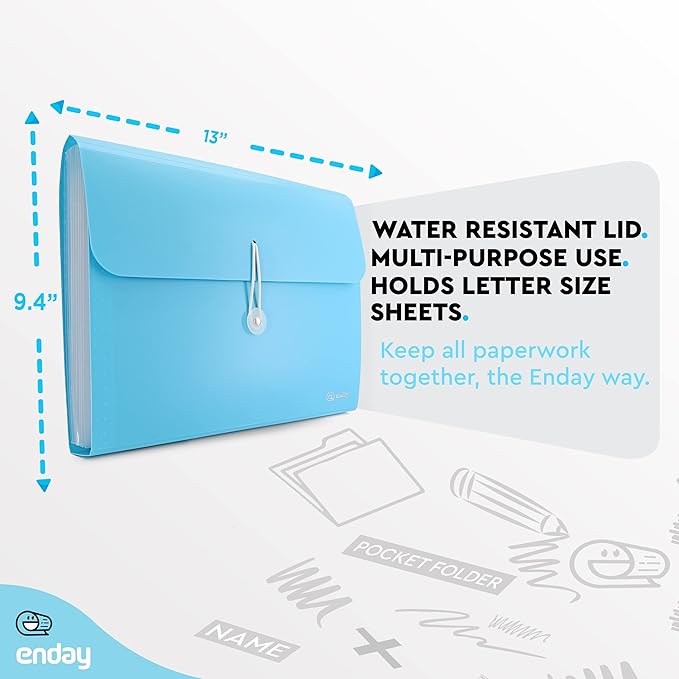 Accordian File Organizer, 13 Pocket Expanding File & Cover Folder with Labels, Plastic Portable Desktop Supplies Letter A4 Paper in Blue and Purple (2 Pack) – by Enday