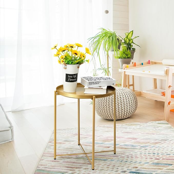 danpinera Gold Side Table 2 Pack, End Table for Small Spaces Outdoor Accent Table Round Metal Patio Coffee Table Waterproof Removable Tray for Living Room Bedroom Balcony Office-NeatNest