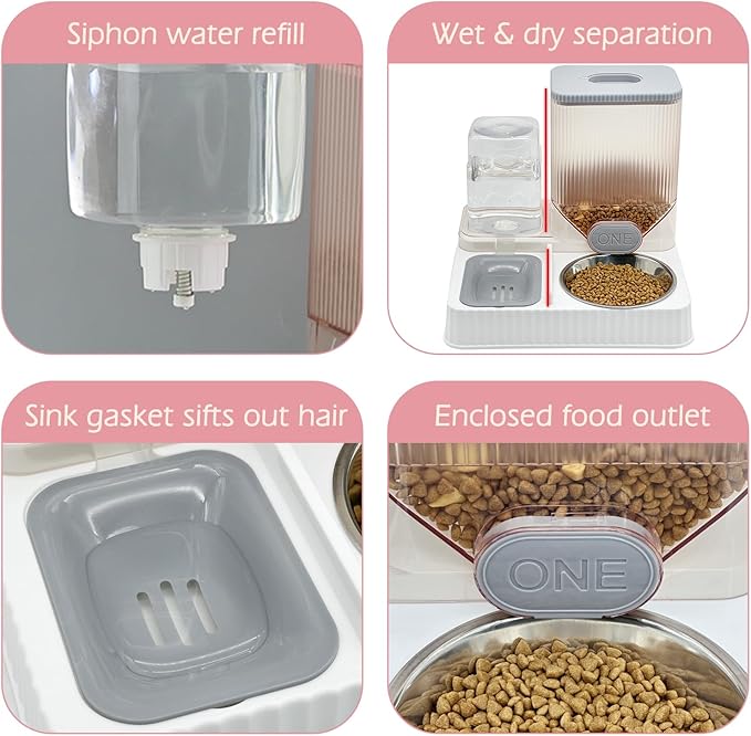 Fhiny Gravity Cat Feeder & Water Dispenser, 2 in 1 Automatic Puppy Waterer Removable Stainless Steel Food Bowls Set Self Feeding Pet Food Storage for Cat Kitten Puppy Easy Clean (Grey)-NeatNest