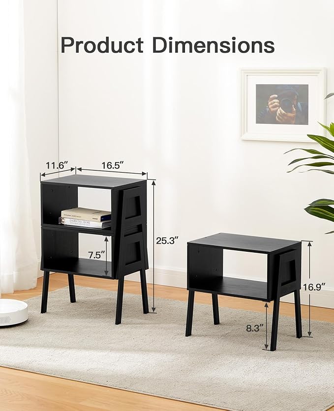 Pipishell Bedside Tables, Stackable Bamboo Nightstands, Bamboo Side Tables for Bedroom & Living Room, End Table Night Stands, Set of 2, Black,PIET01B