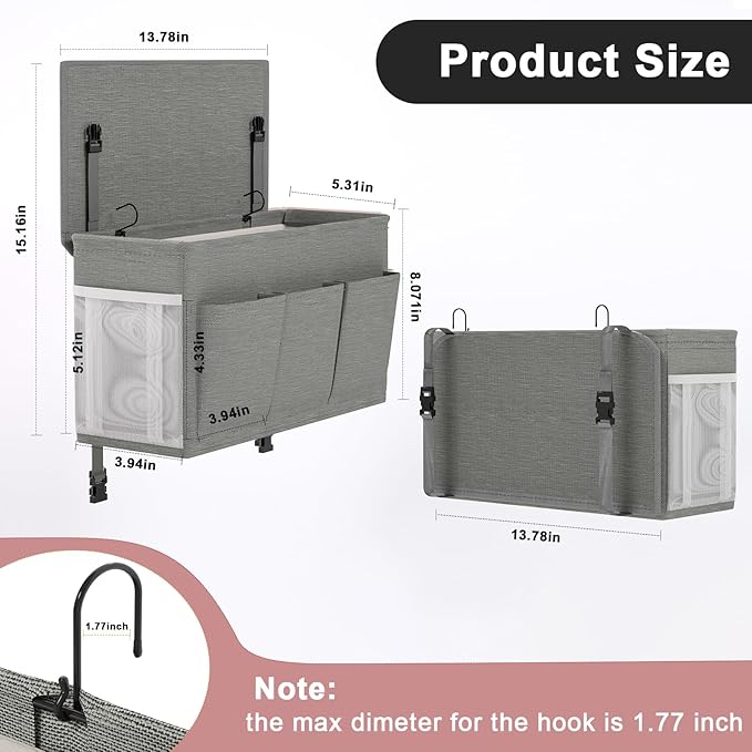 Dual-purpose Bedside Caddy Bedside Organizer, Bed Caddy with 6 Pockets, Versatile Bedside Storage Solution Magazine Remotes holder, ideal for Home, Dorm, Hospital, Crib Bed (Grey 2pcs)-NeatNest