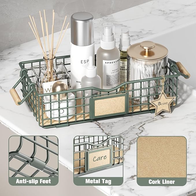 Bathroom Organizer Basket with Handle, Home Decor Organizers - Bathroom Organizers and Storage - Exquisite Vanity Tray for Skincare - Counter Tray for Organizing - Sage Green-NeatNest