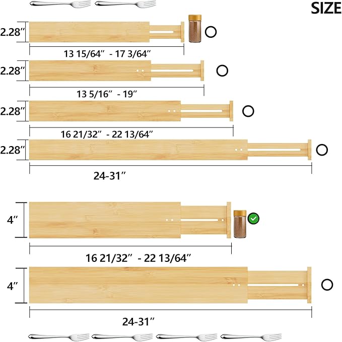 BAMEOS 4" High Drawer Dividers Bamboo Separators Organization Expandable Organizers for Kitchen Bedroom Bathroom Dresser Office 4-pack-NeatNest