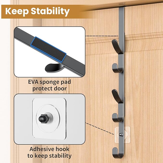 Over The Door Hooks, Metal Door Hooks for Hanging, Over The Door Purse Organizer for Coat Hanger, Back of Shower Door for Hanging Towel Rack Clothes, Hat, Bathroom, Closet (Black-4Packs)