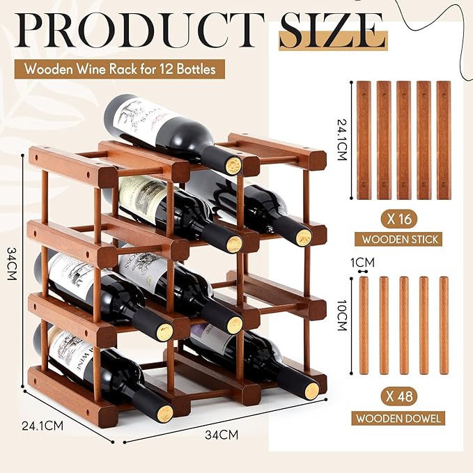 Juexica 1 Pcs 12 Bottles Wooden Wine Rack for Inside Cabinet Stackable Countertop Modular Wine Storage Rack DIY Assembly Bottle Holder for Cellar (Wooden Color)