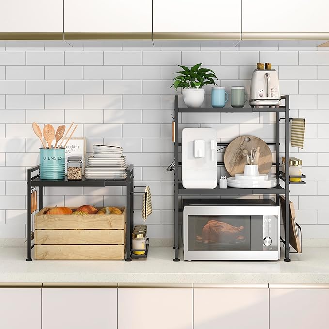 DOLALIKE Microwave Oven Rack, Expandable Microwave Stand Countertop Kitchen Utensils Tableware Storage, Carbon Steel Over Microwave Shelf Countertop with 6 Hooks-NeatNest