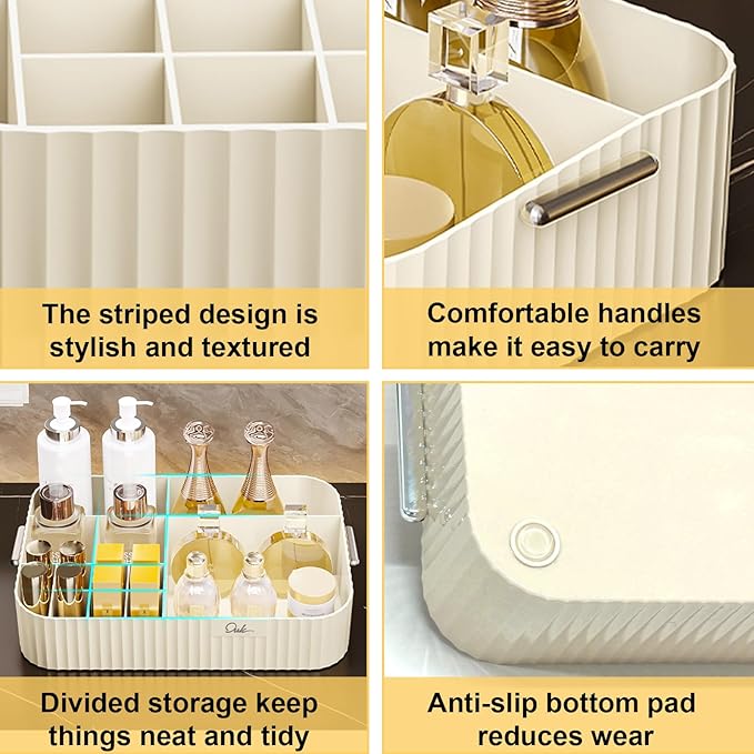 DASITON Large Capacity Makeup Organizer,12 Slots Makeup Brush Holder,Makeup Storage with Handle,Vintage Striped Cosmetic Organizer for Bathroom Countertops,Desk Storage Container(Cream)-NeatNest