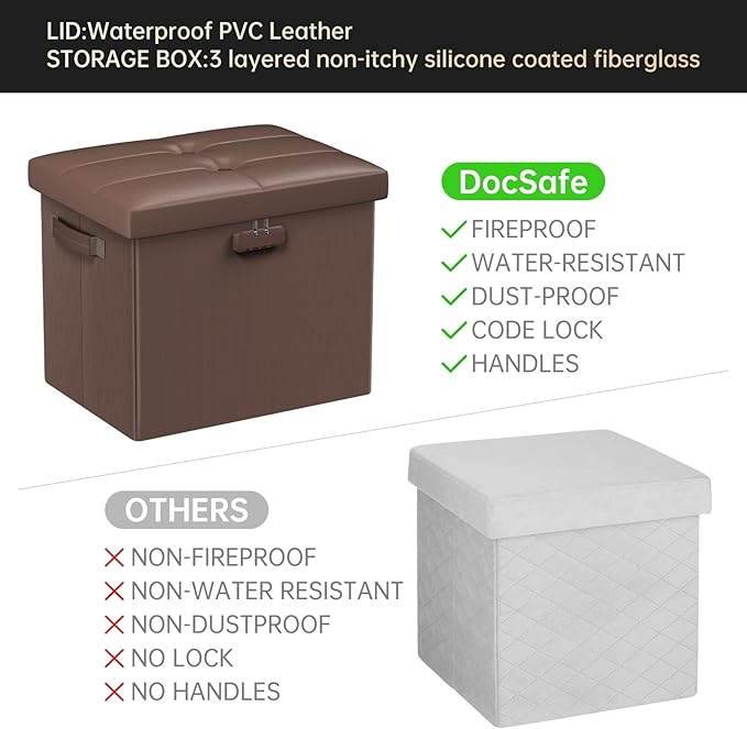 DocSafe Storage Ottoman Foot Rest Stool with Lock & Handle, Fireproof Folding Leather Footstool Bench with Storage Safe for Living Room Bedroom, Home Office, Dorm, 17x13x13in, Brown-NeatNest