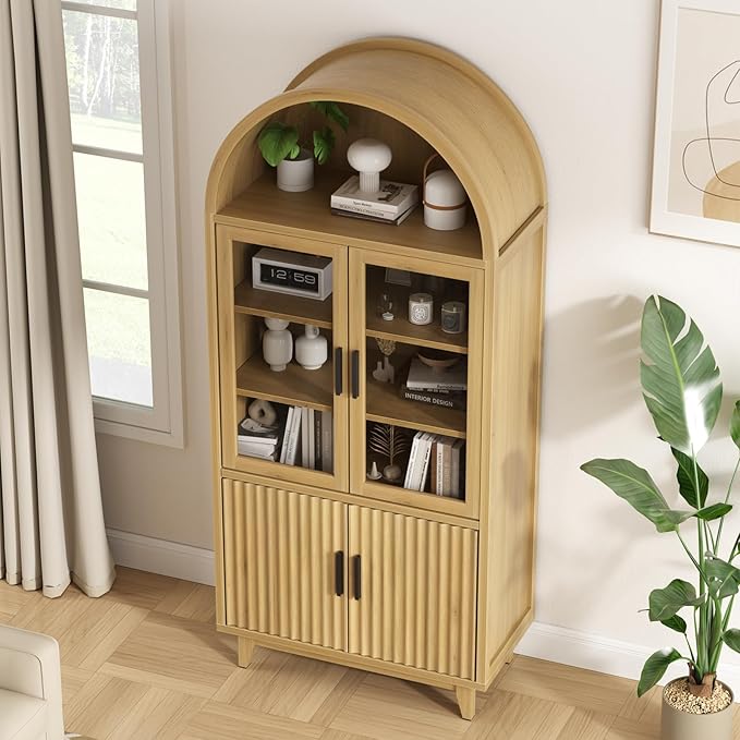 Arched Cabinet with Glass Doors, 71" Tall Fluted Galss Cabinet with Solid Wood Legs, Adjustable Shelves Accent Furniture for Living Room, Kitchen, Dining Room, Entryway, Natural